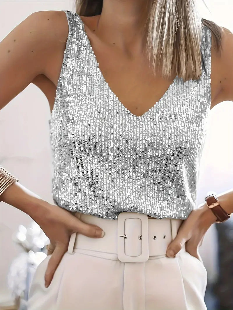 WW | Women's Glitter Sequin V-Neck Sleeveless Shirt Top For Women