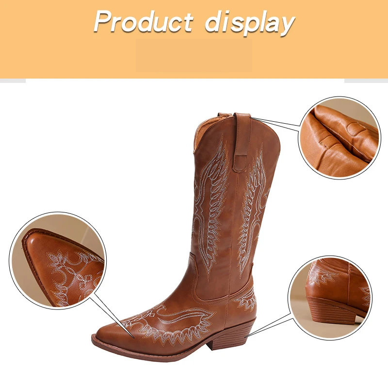 WW | Westernstiefel mit Detaillierten Stickereien & Niedrigem Absatz Cowboystiefel Damen