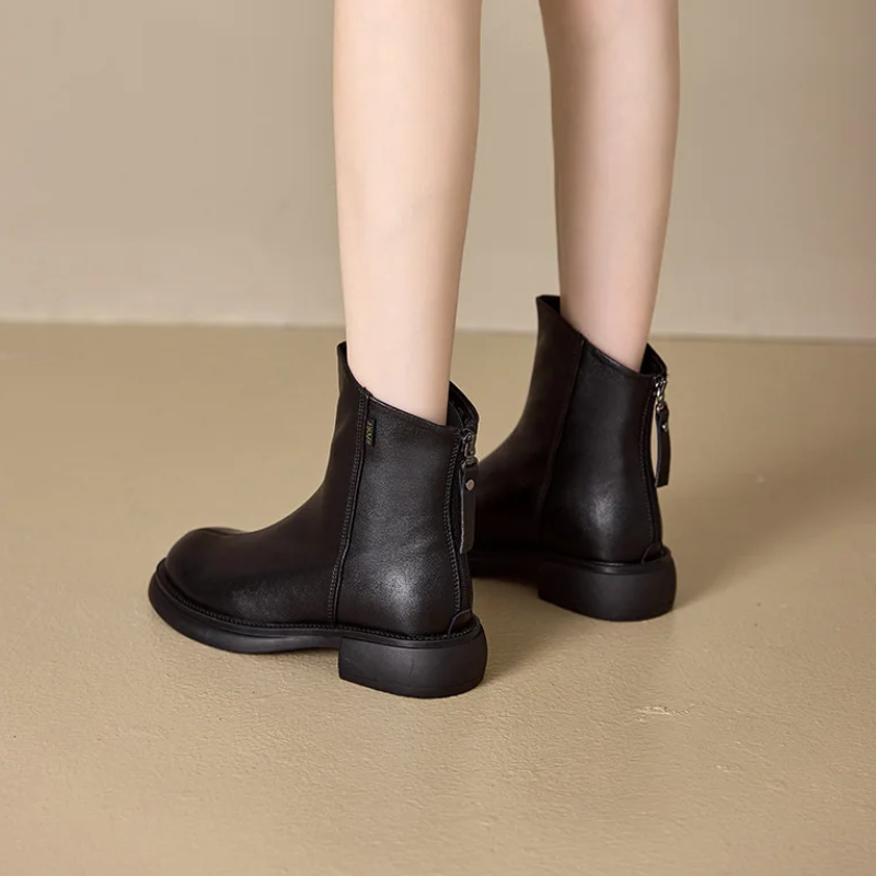 WW | Damen Stiefel Leder Ankle Boots mit Reißverschluss Hinten und Niedrigem Absatz