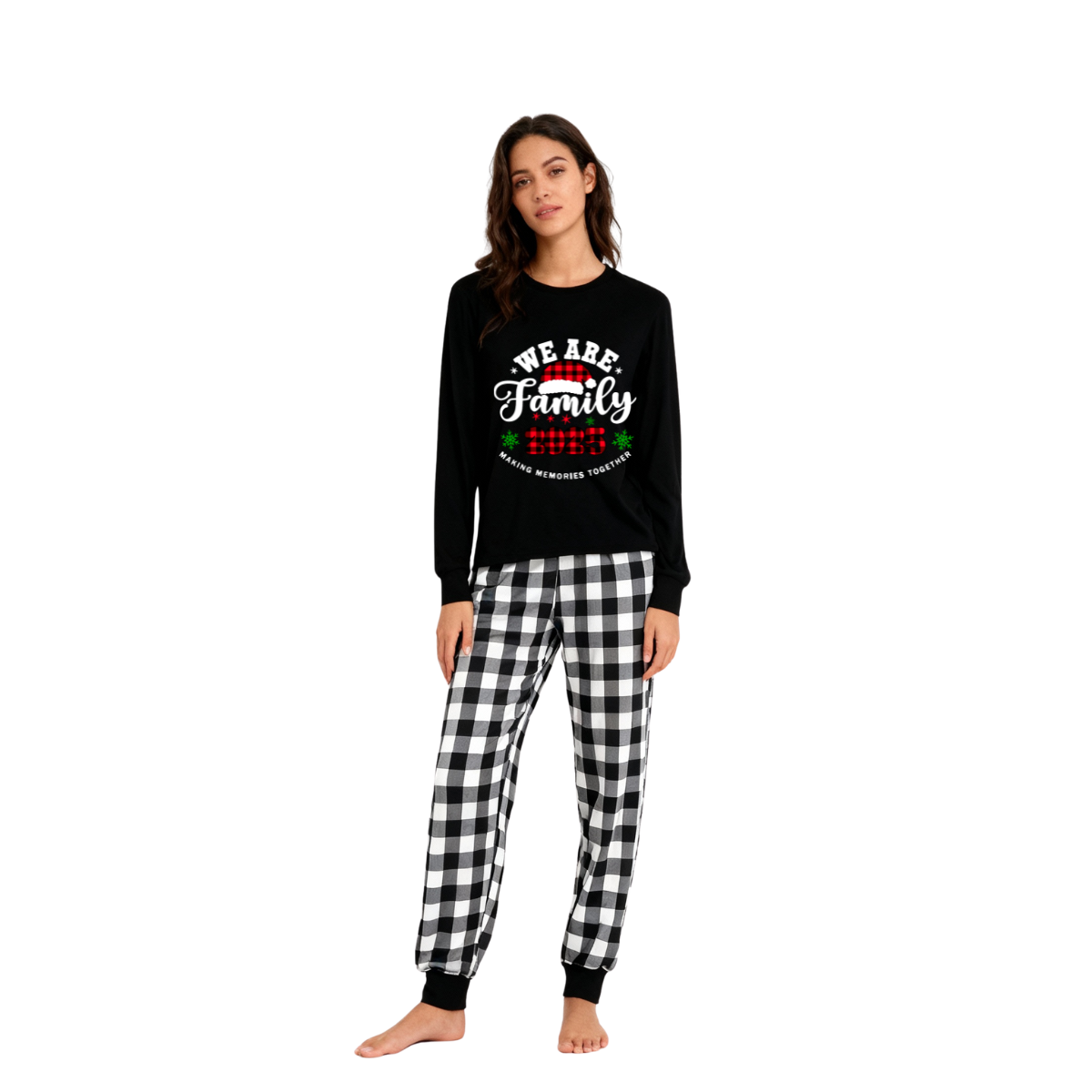WW | "Wir sind Familie2025" Santa Hut Monogramm Druck Schwarz Langarmshirt mit Schwarz-Weiß karierten Hosen Familien passende Pyjamas