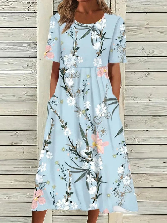 WW | Midi Dress Floral Print Round Neck Short Sleeves Airy and Comfortable
