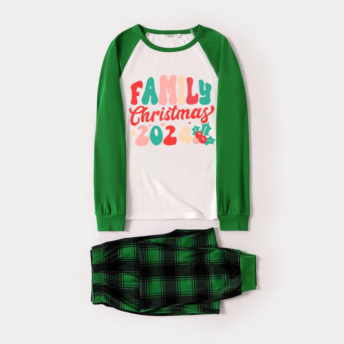 WW | Christmas 'Family Christmas 2024' Letter Print Patterned Casual Long-Sleeve Sweatshirts Green Contrast Tops and Black & Green Plaid Pants Family Matching Raglan Long-Sleeve Pajama Sets with Dog Bandana
