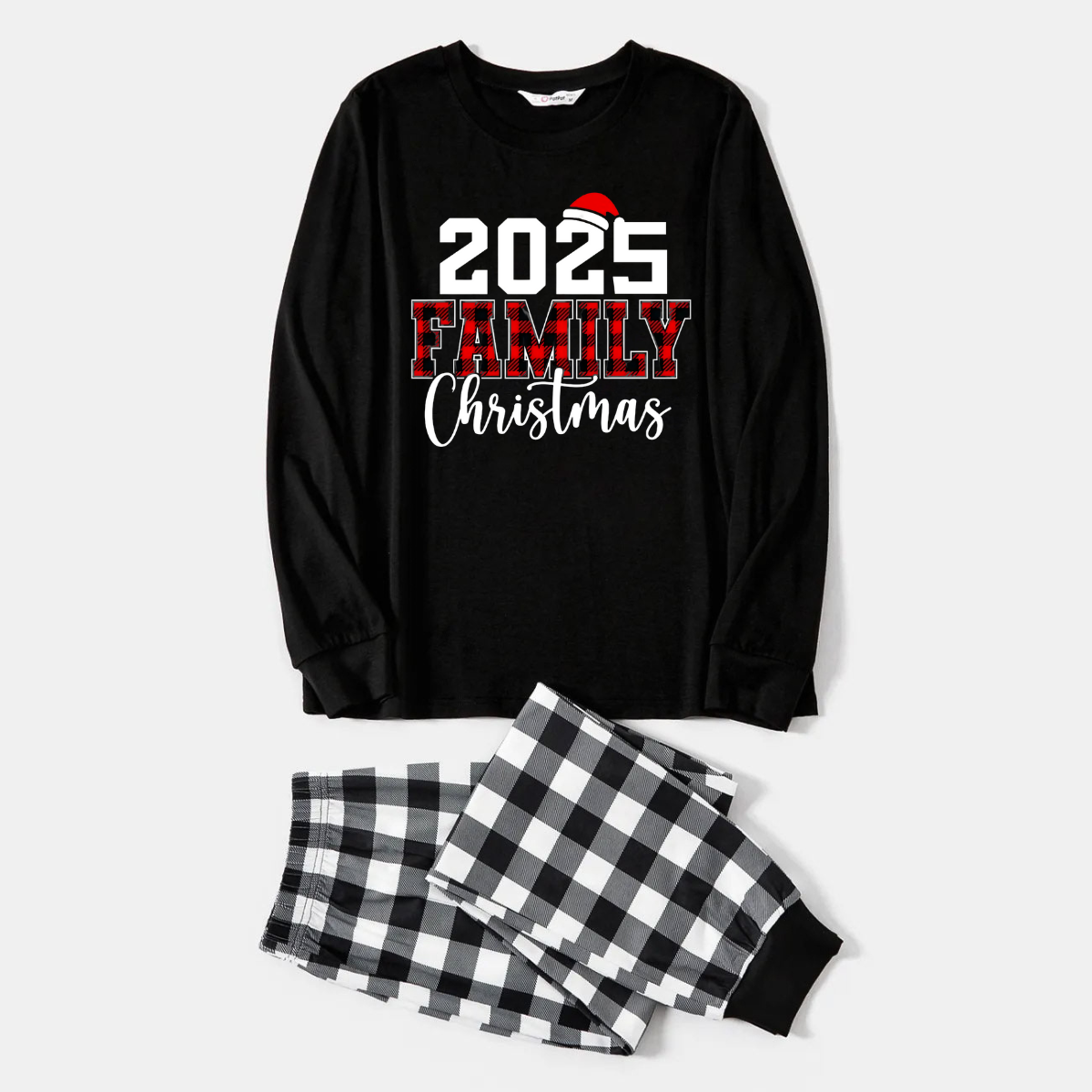 WW | 2025 Familie Weihnachts Textdruck Schwarzes Langarmshirt mit Schwarz-Weißen Plaid-Hosen Familienpassende Pyjamas