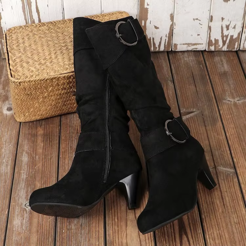 WW | Women's Knee-High Boots with Zipper and Buckle - Stylish Tall Boots