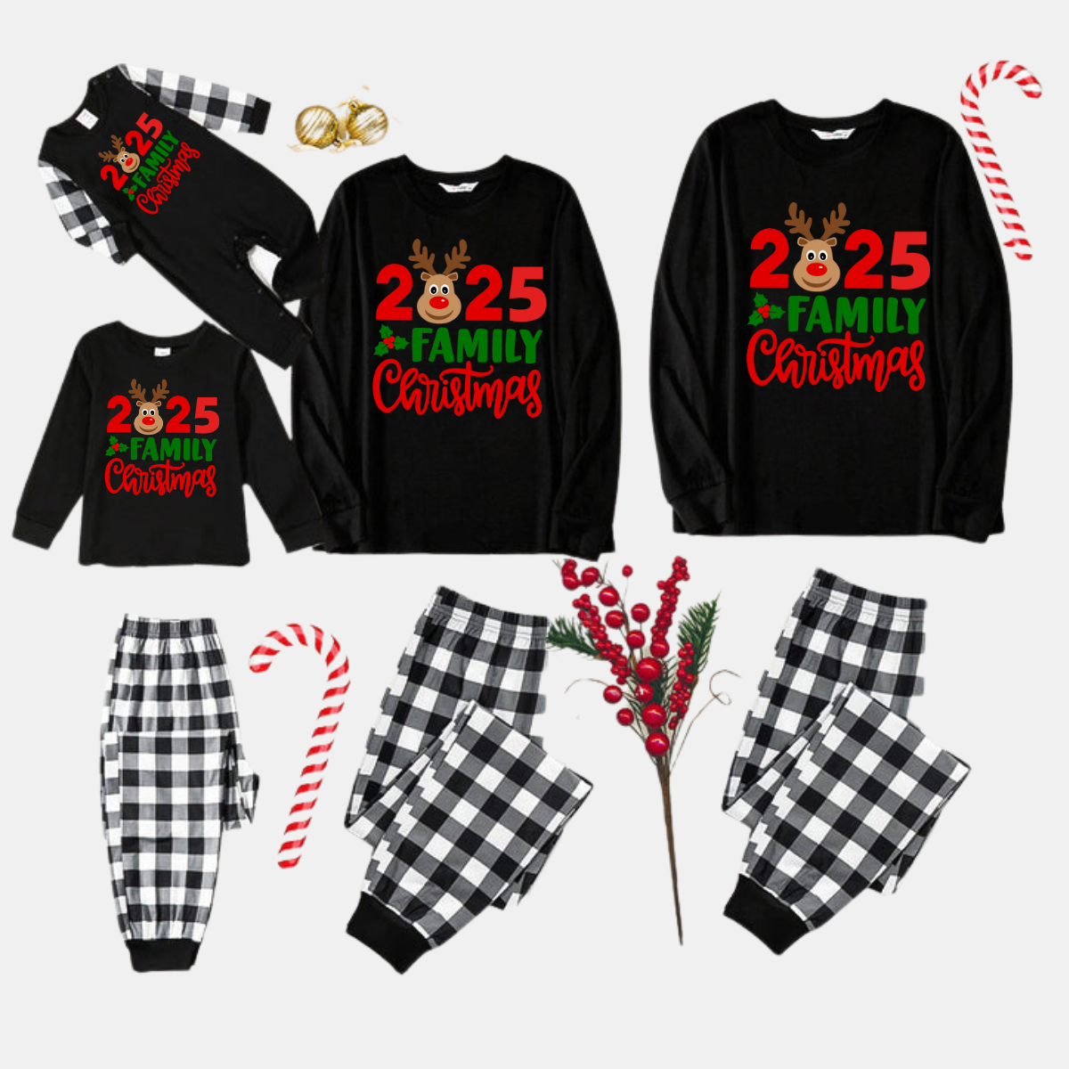 WW | "2025 Family Christmas" Elk Letter Print Black Long-Sleeve Top & Black-and-White Plaid Pants Family Matching Pajamas
