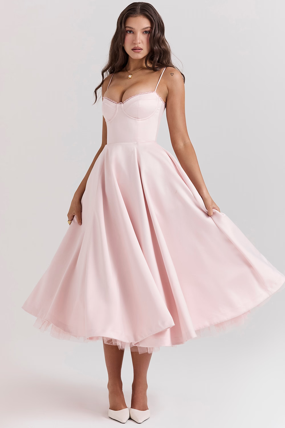 WW | A-linie Midi Kleid Spaghetti Träger Spitzen Detail Elegante Formelle Kleidung