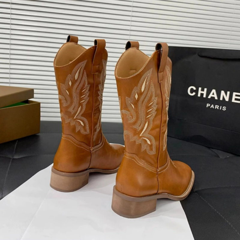 WW | Western Stil Stiefel Damen mit Spitzem Kopf und Blockabsatz, Cowboy Stiefel Damen