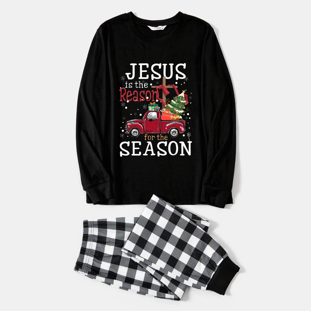 WW | Schwarz-Weiße Karierte Weihnachts-Pyjama-Set Mit "Jesus ist der Grund für die Saison" Textdruck