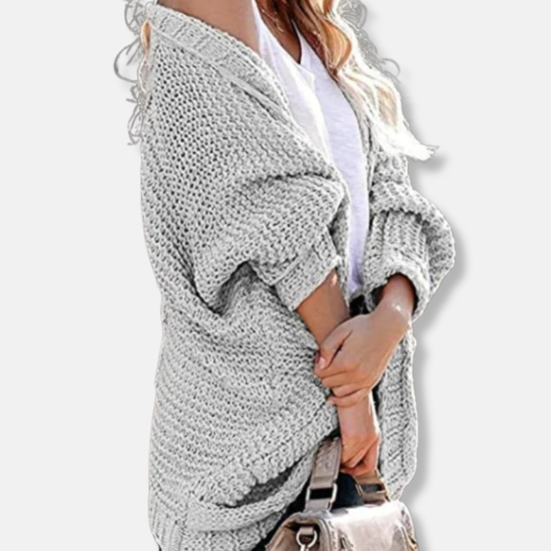 WW | Woll Übergroßer Cardigan - Gerippter Offener Fronttaschen Cardigan