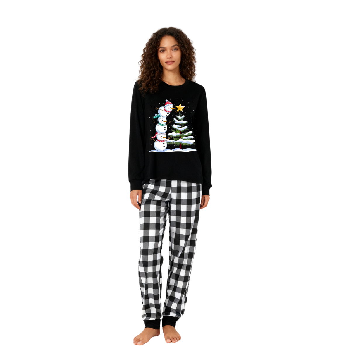 WW | Schwarz-weiß kariertes Weihnachts-Pyjama-Set mit Schneemann- und Weihnachtsbaumdruck
