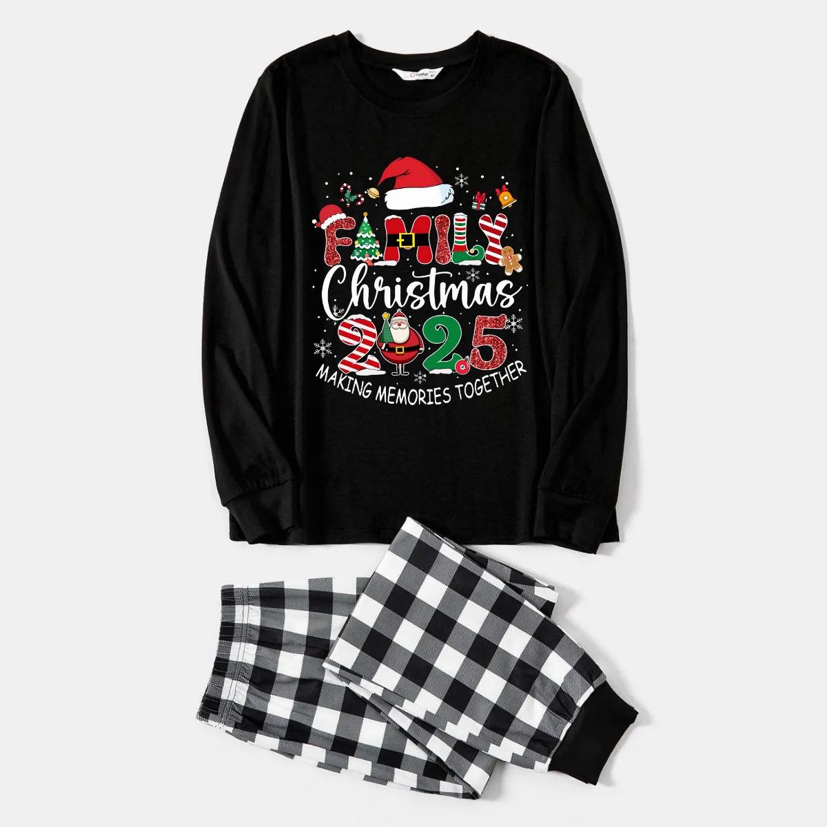 WW | Black and White Plaid Christmas Pajama Set with "Family Christmas 2025 Making Memories Together" Text Print