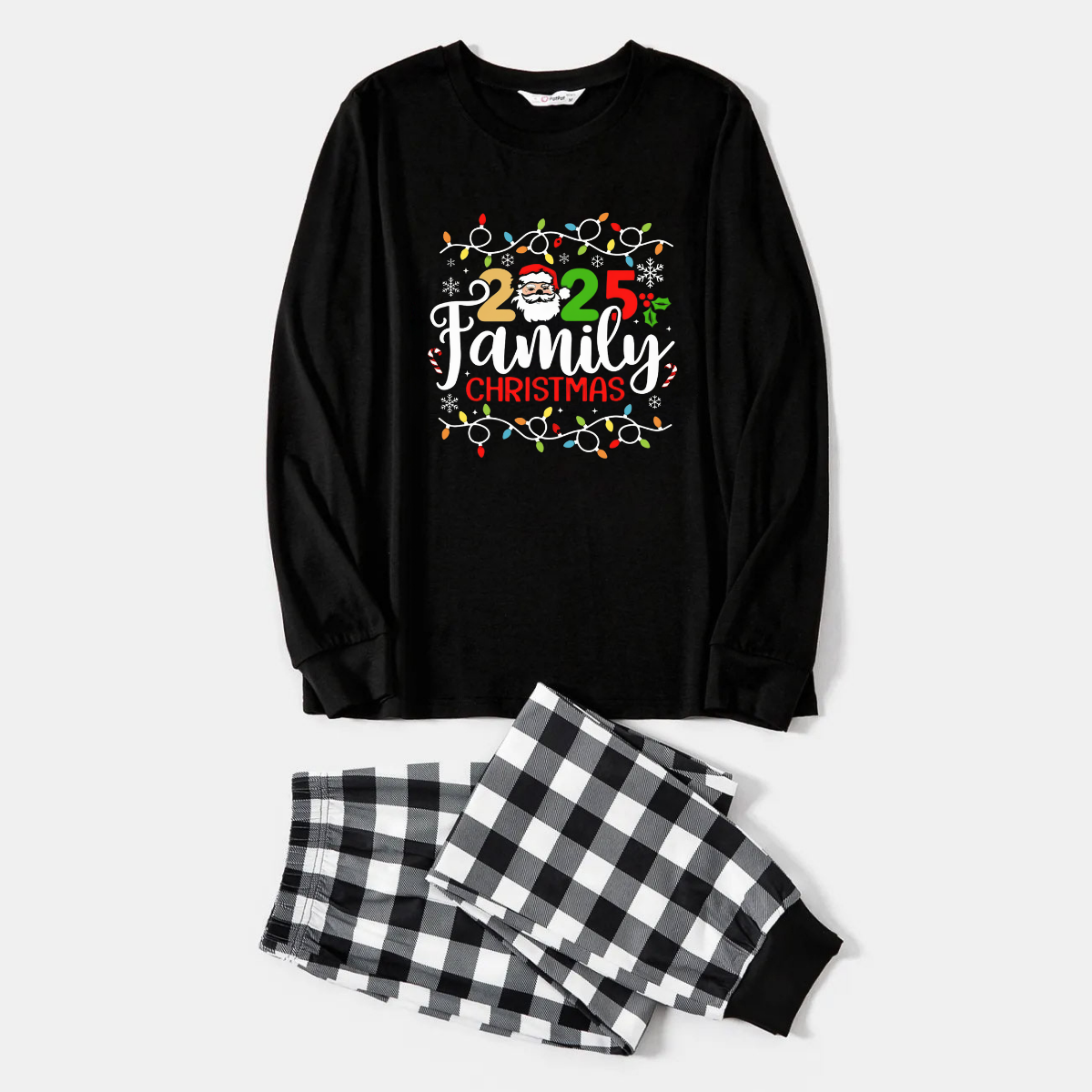 WW | Black and White Checked Christmas Pajama Set with Christmas Lights and "2025 Family Christmas" Text Print