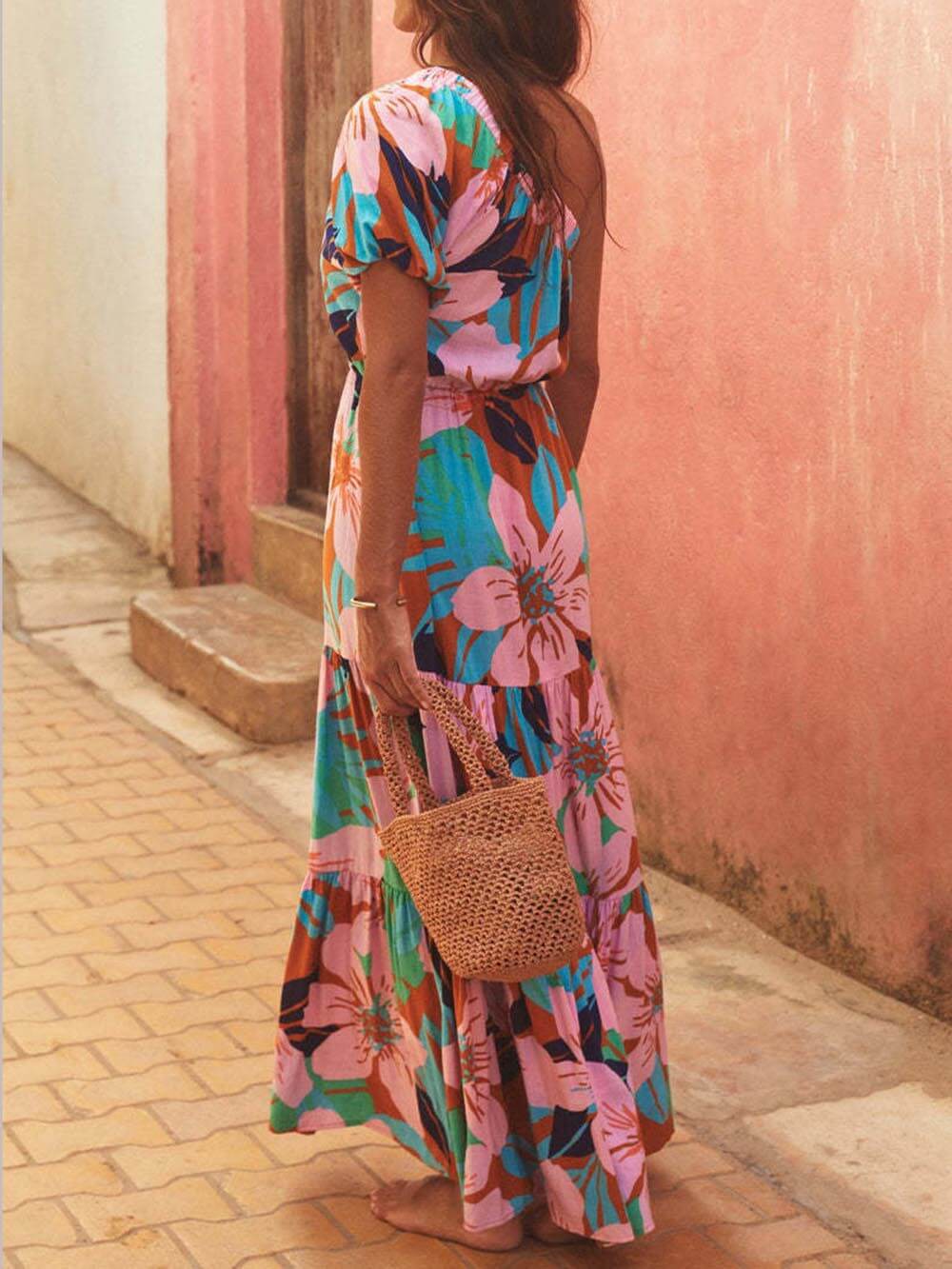 Off-the-shoulder Dress with Palm Leaf Print and Floral Vacation Style
