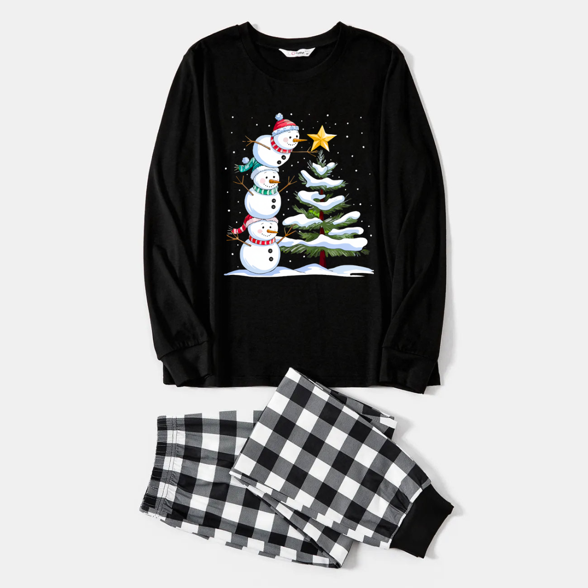 WW | Schwarz-weiß kariertes Weihnachts-Pyjama-Set mit Schneemann- und Weihnachtsbaumdruck