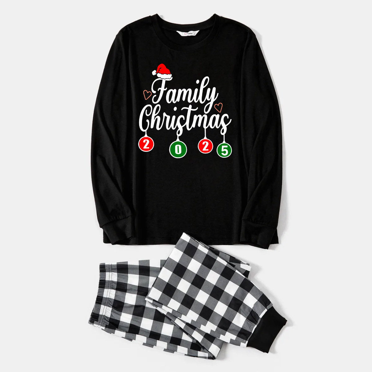 WW | "Familienweihnachten" 2025 Schwarzes Langarmoberteil mit Schwarz-Weißen Karohosen Familienpassende Pyjamas