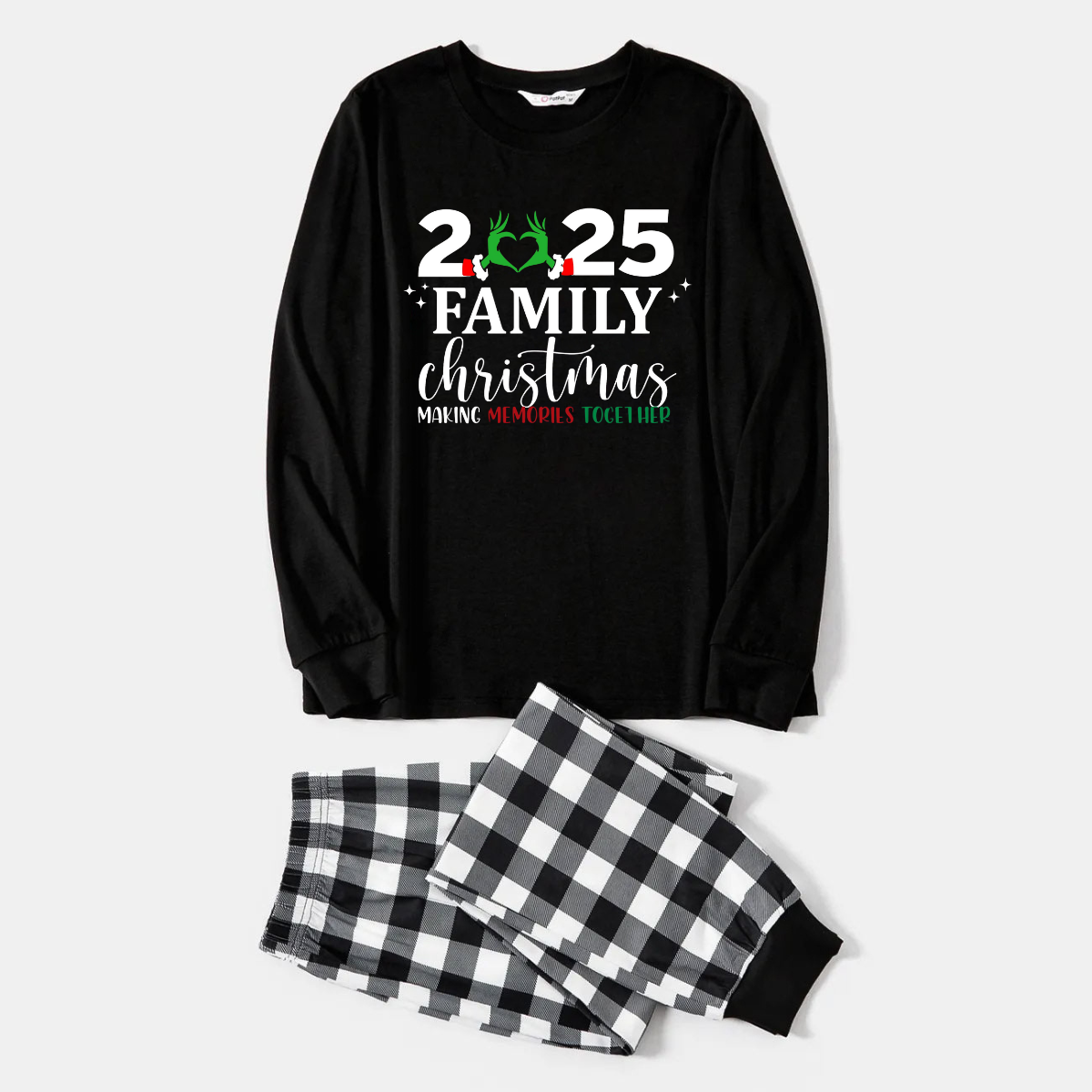WW | "2025 Family Christmas" Fancy Heart Letter Print Black Long Sleeve Top with Black and White Plaid Pants Family Matching Pajamas