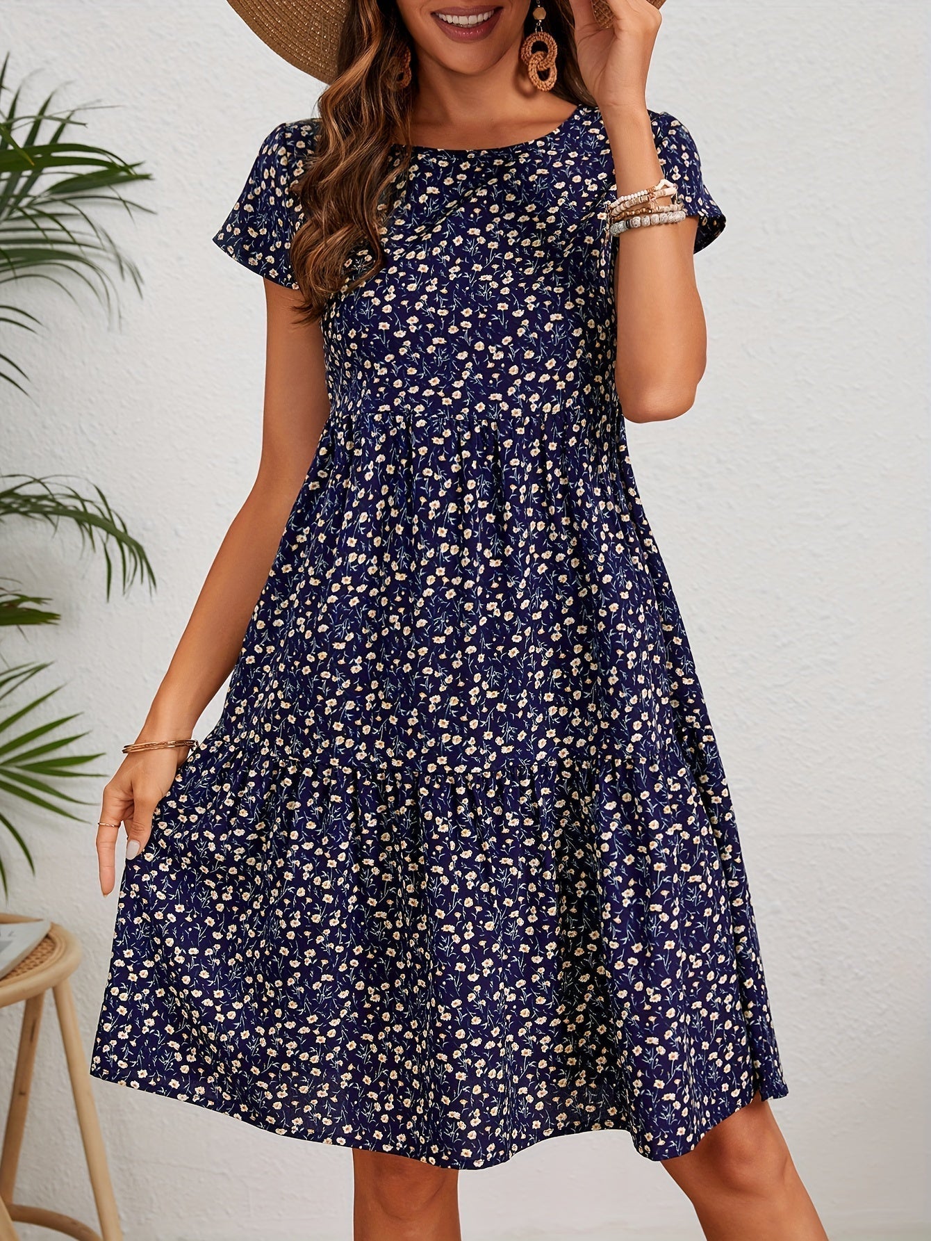 Callista - Floral Print Round Neck Dress