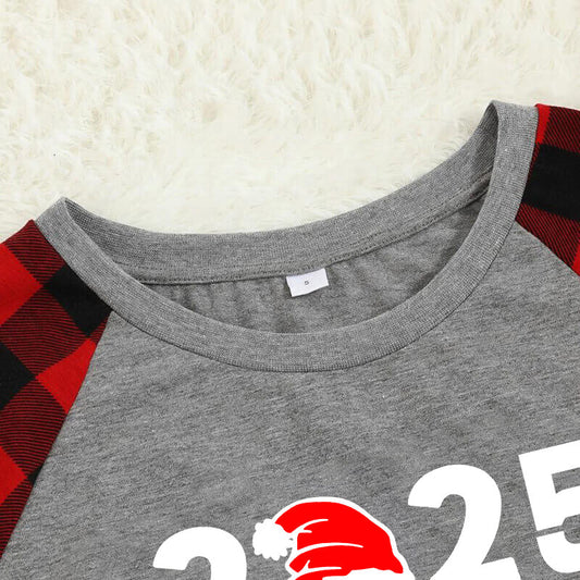 WW | "2025 Family Christmas" Letter Print Black & Red Plaid Family Matching Gray Pajamas with Dog Bandana