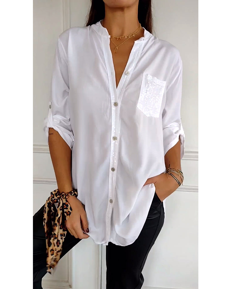 WW - Chic Blouse with Button Placket and Sequin Trim for Women | Elegant Long-Sleeved Blouse with Sequin Pocket