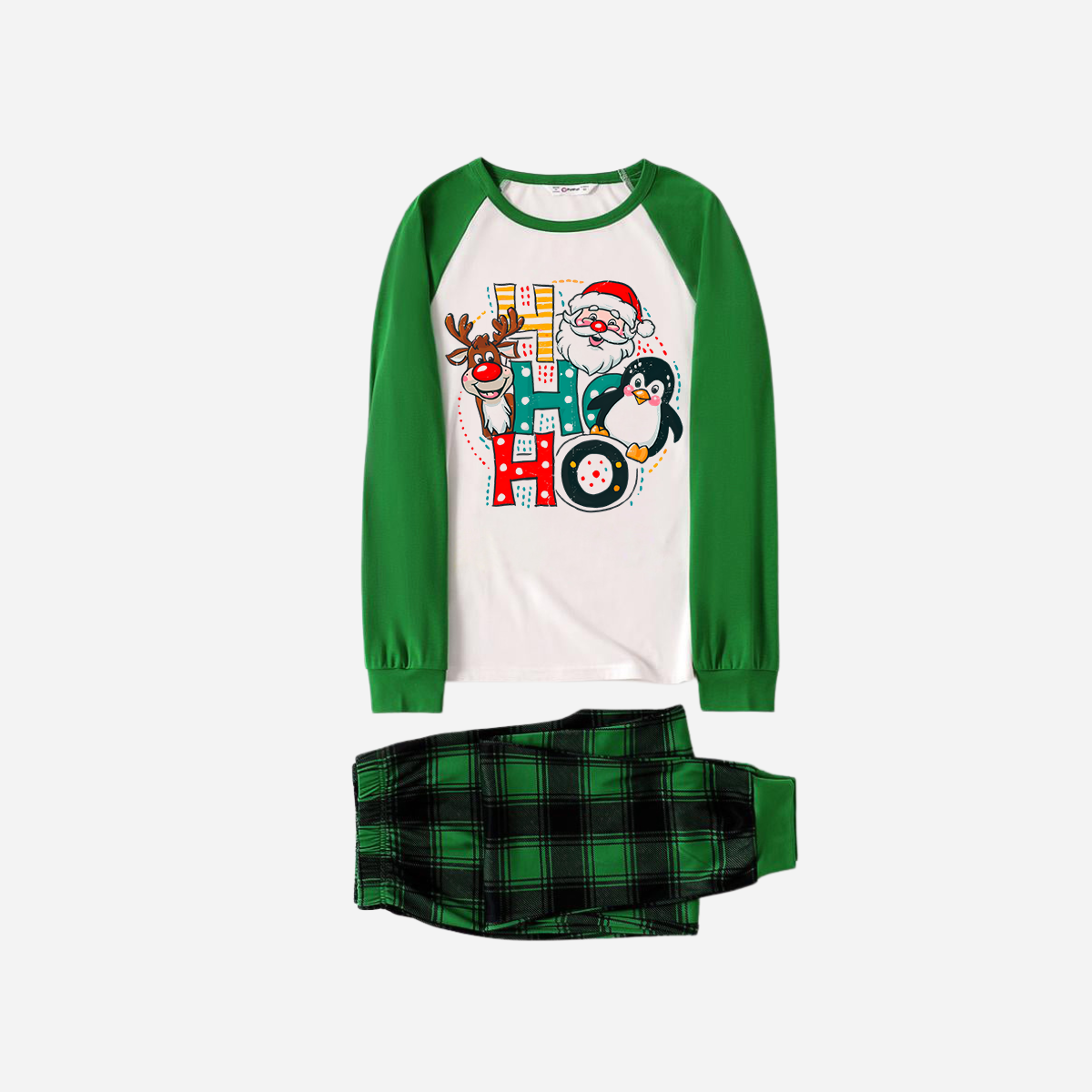 WW | Grünes Raglan-Oberteil Grünes Karomuster Weihnachts-Pyjama-Set mit "HO HO HO" Muster Druck