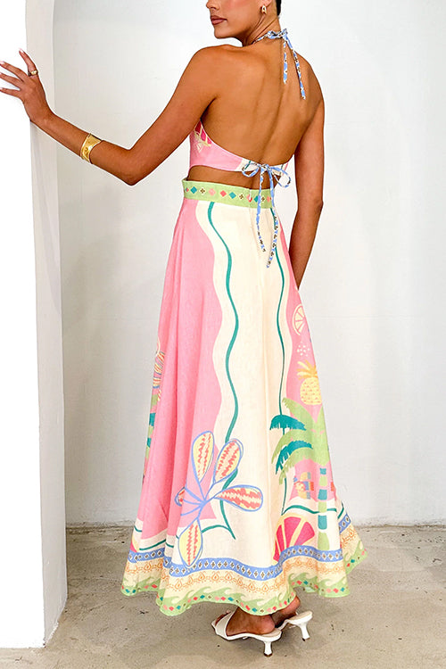 WW | Halter Lace-Up Backless Rio Print Maxi Dress