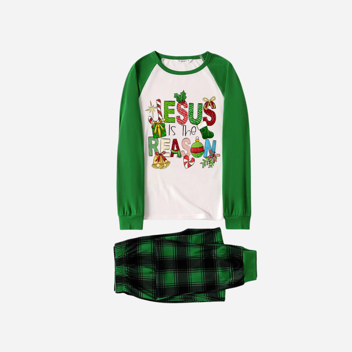 WW | Christmas Cartoon Family Christmas Pajama Set - White Top with Green Sleeves and Green Plaid Pants and "Jesus is the Reason" Design