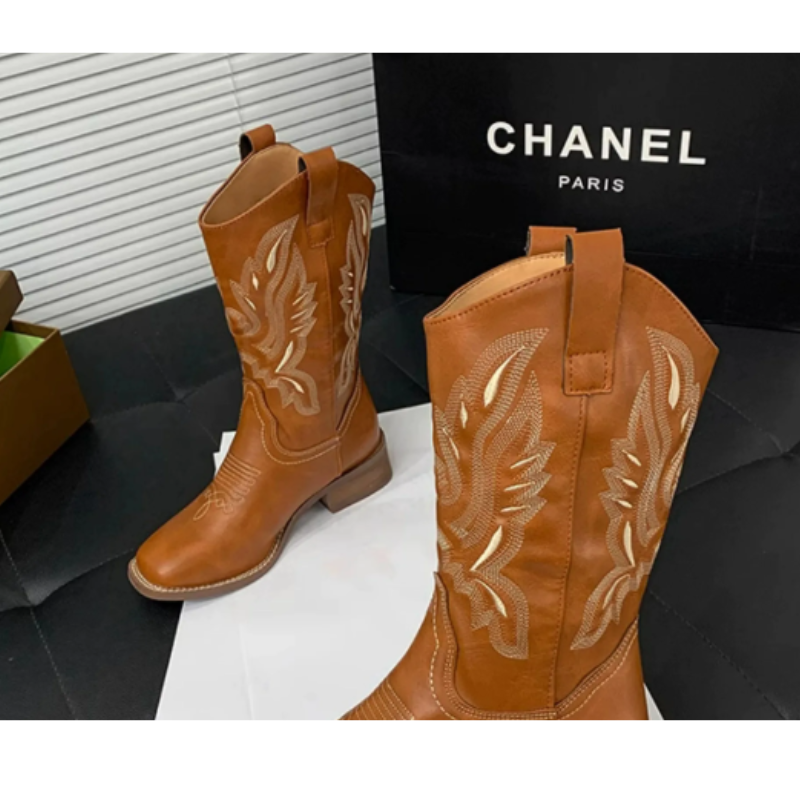 WW | Western Stil Stiefel Damen mit Spitzem Kopf und Blockabsatz, Cowboy Stiefel Damen