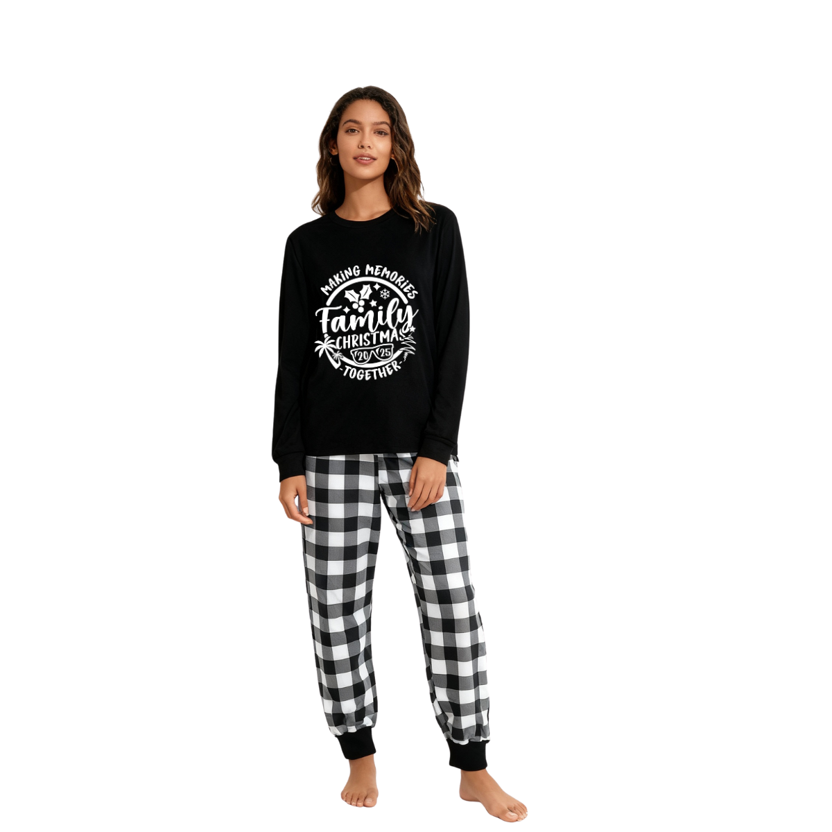 WW | Christmas Memories Together 2025 Print Black Long-Sleeve Top with Black and White Plaid Pants Family Matching Pajamas