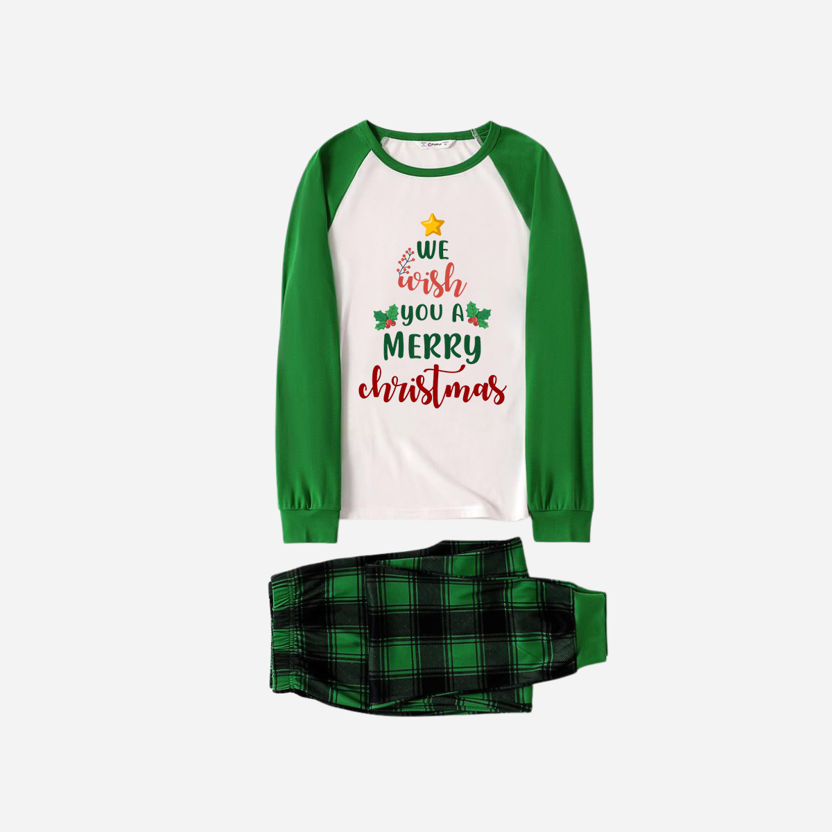 WW | Grünes Raglan Top Grüner Karierter Weihnachts-Pyjama-Set Mit "Wir wünschen Ihnen frohe Weihnachten" Textdruck