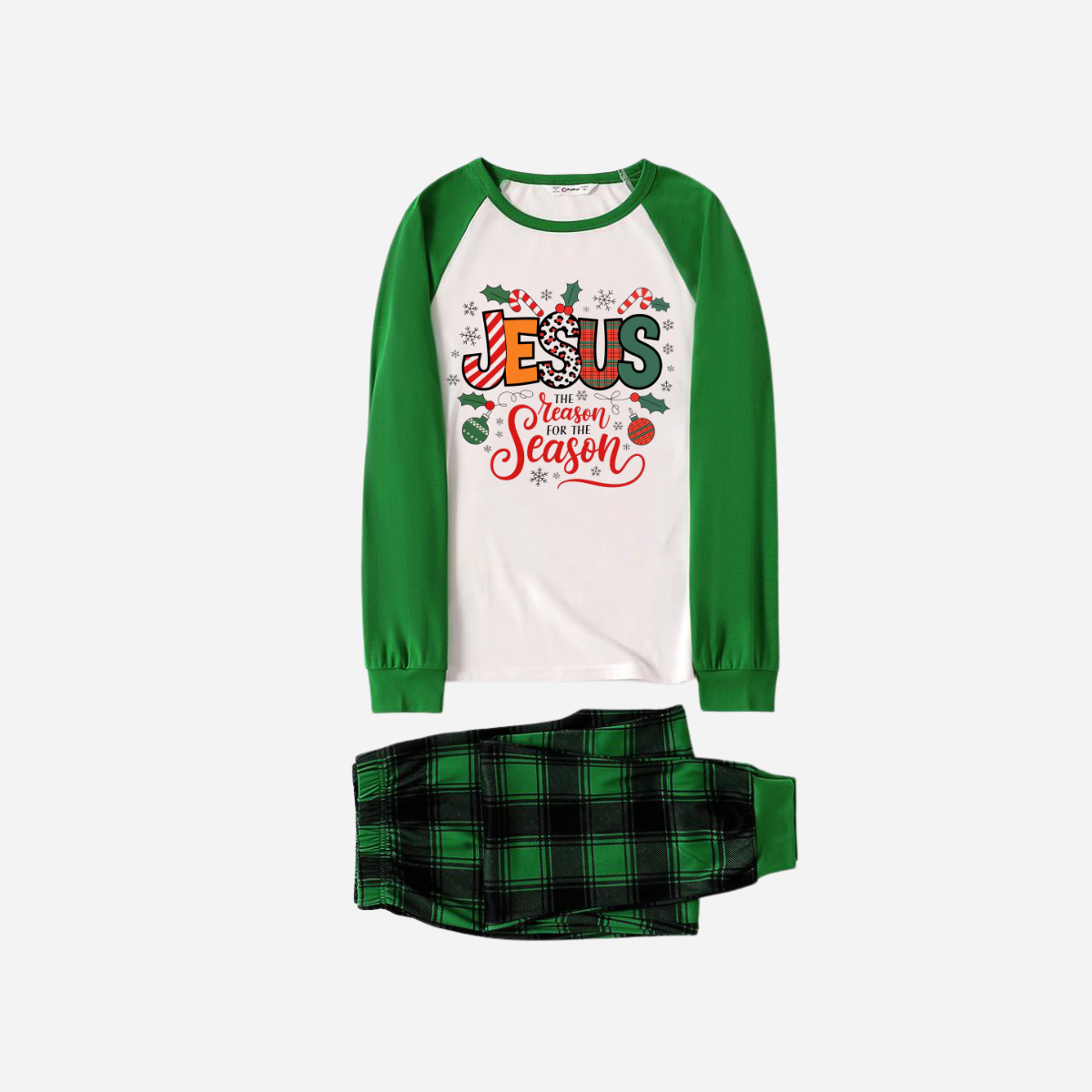 WW | "Jesus is the REASON for the season" Matching Christmas Pajama Set - Green Raglan Top & Green Carrot Pants Pajamas