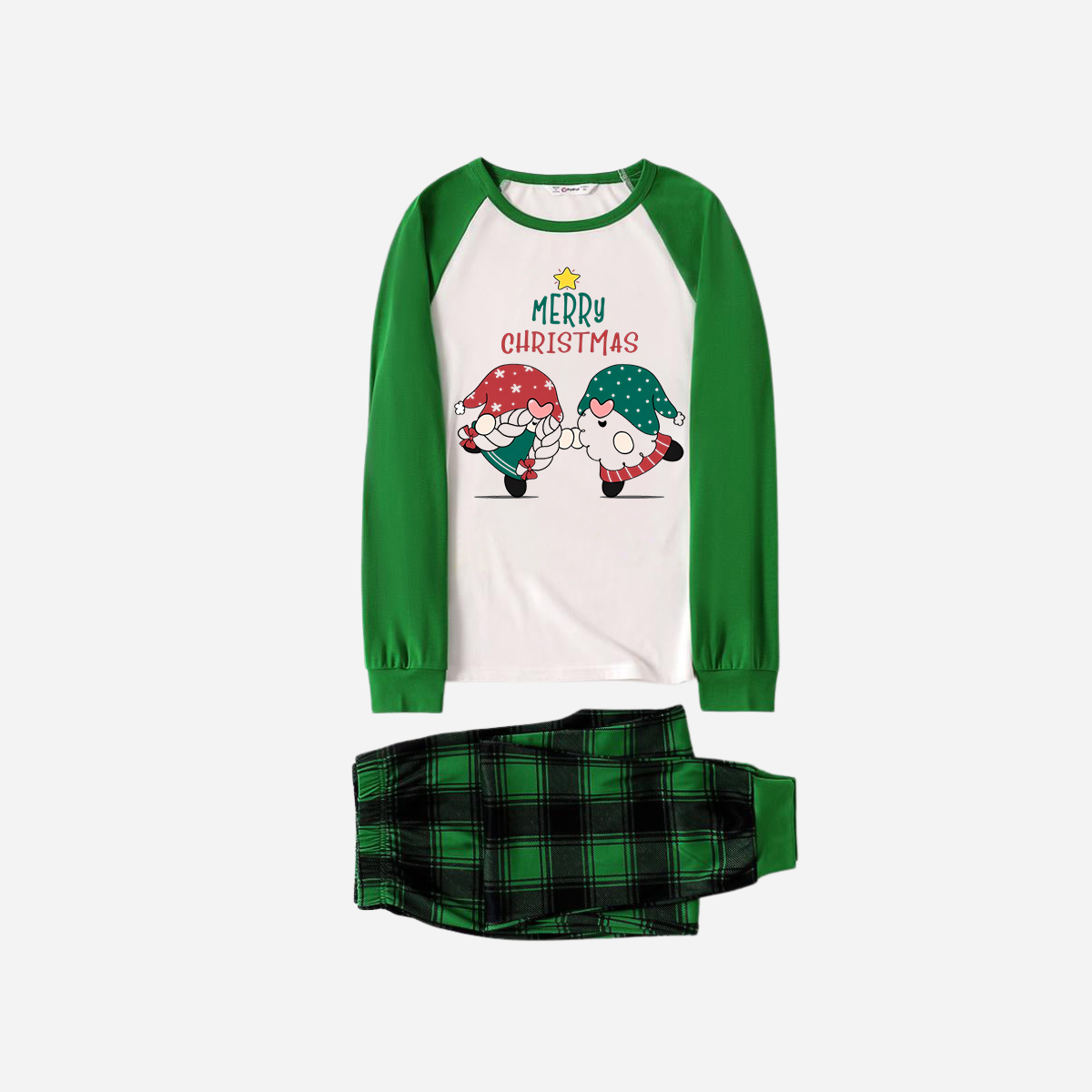 WW | Grünes Raglan-Top Grünes Karomuster Weihnachten Pyjama-Set mit Gnom und Frohe Weihnachten Textdruck
