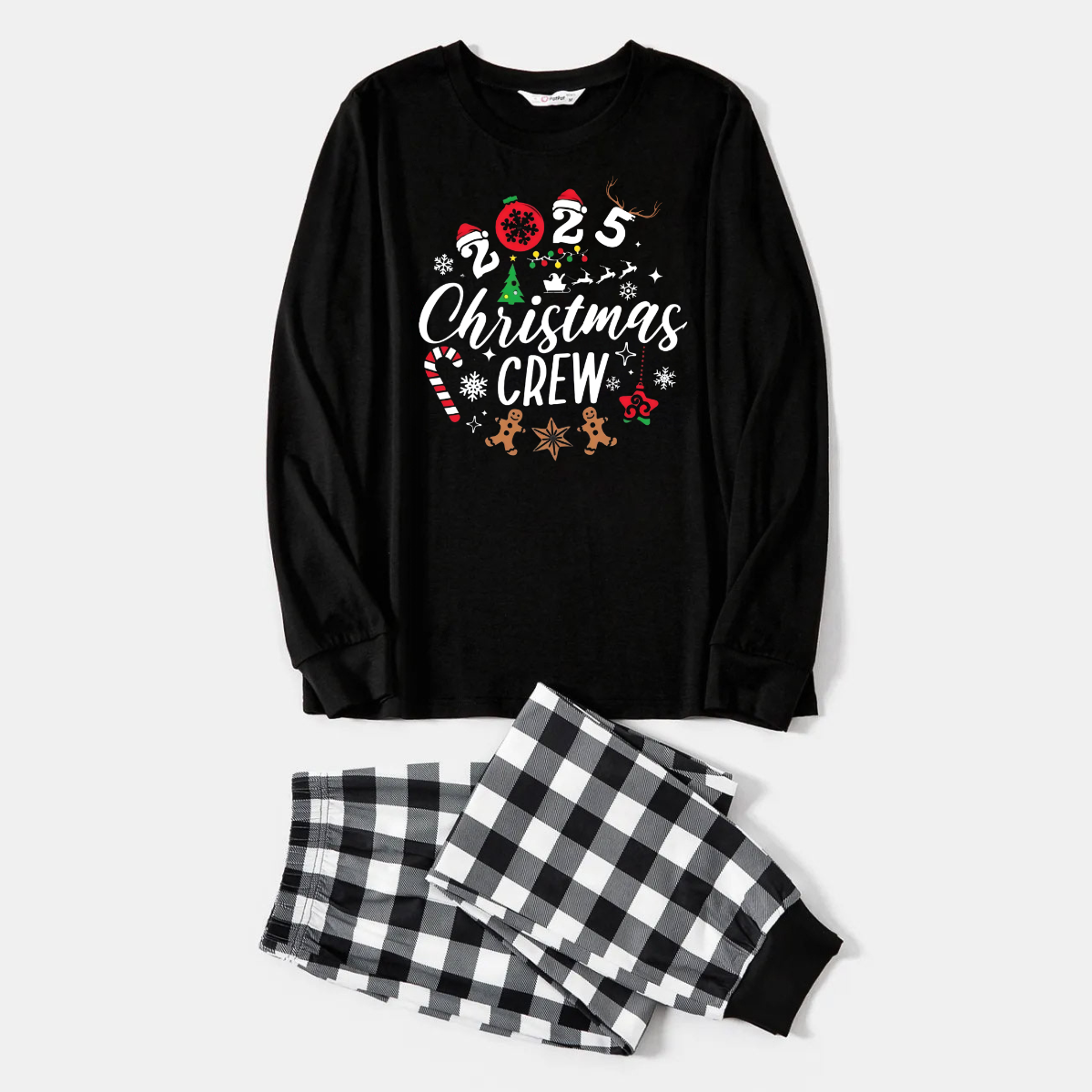 WW | 2025 Weihnachts Crew Gemeinsam Erinnerungen Schaffen Textdruck Schwarzes Langarmshirt mit Schwarz-weissem Karohosen Familienpassende Pyjamas
