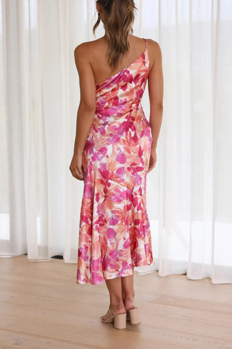 Floral Satin Ruched One-Shoulder Dress