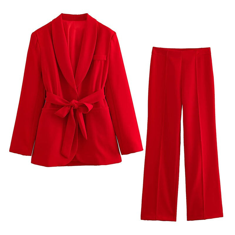 WW 2-Piece Women's Suit | Elegant Blazer with Belt and Matching Trousers