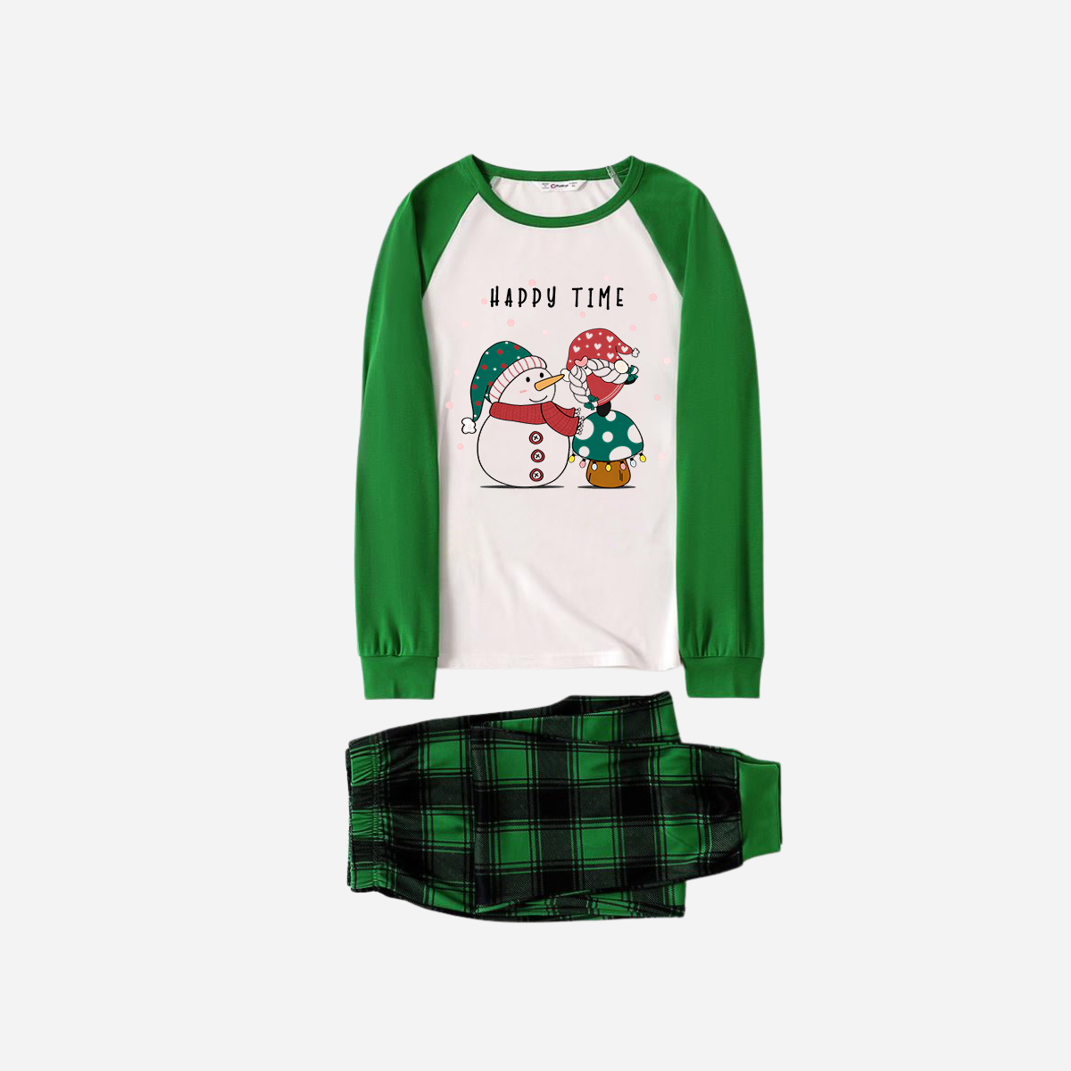 WW | Green Raglan Top Green Plaid Christmas Pajama Set with Snowman and Gnome and "Happy Time" Text Print