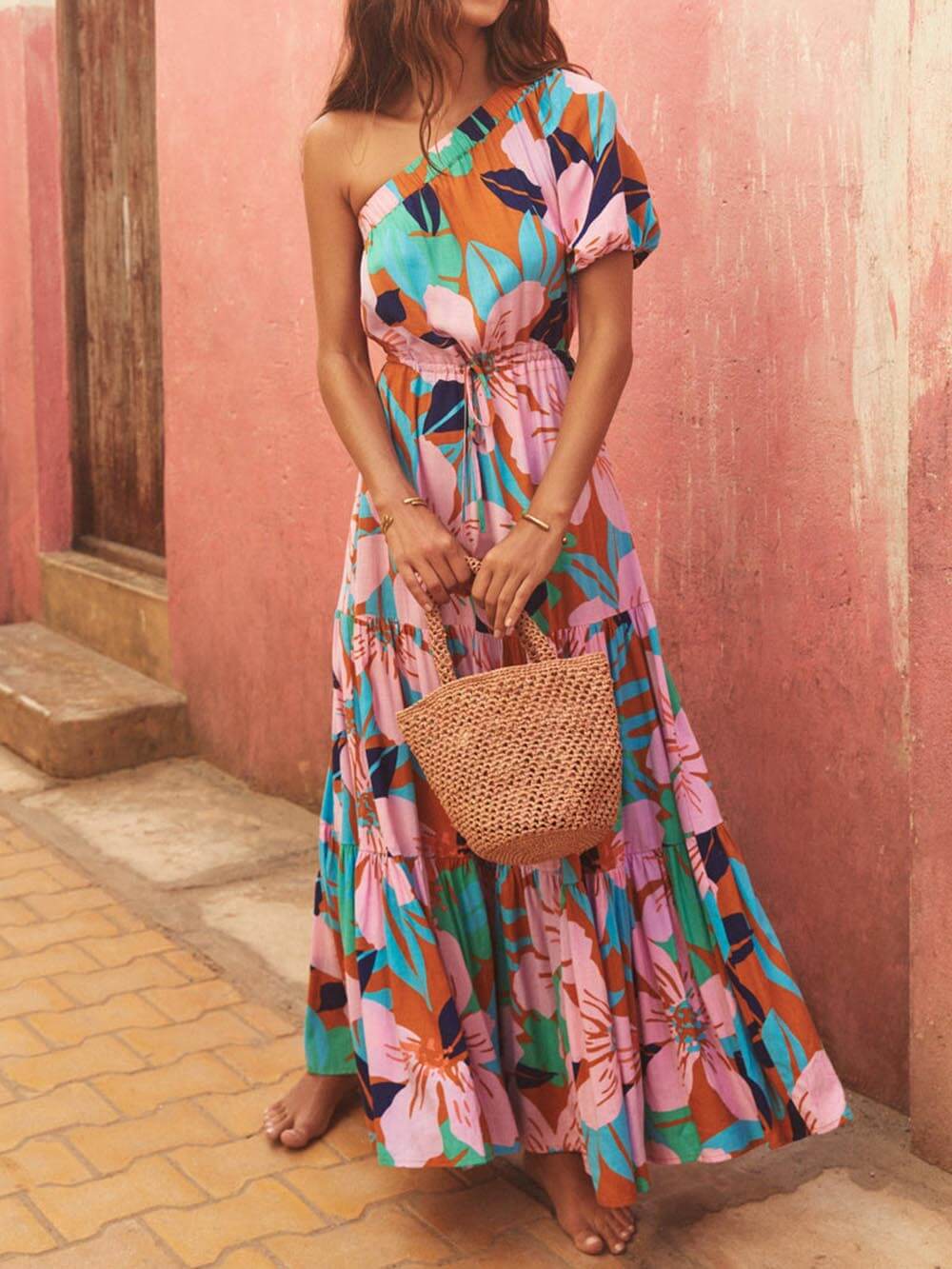 Off-the-shoulder Dress with Palm Leaf Print and Floral Vacation Style