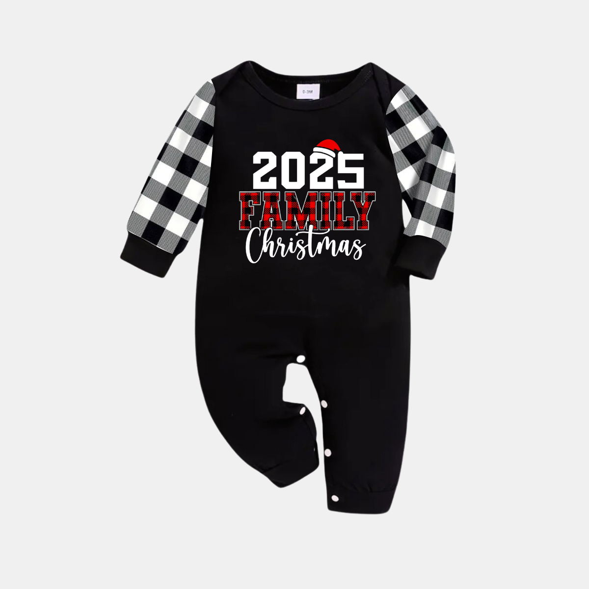 WW | 2025 Familie Weihnachts Textdruck Schwarzes Langarmshirt mit Schwarz-Weißen Plaid-Hosen Familienpassende Pyjamas