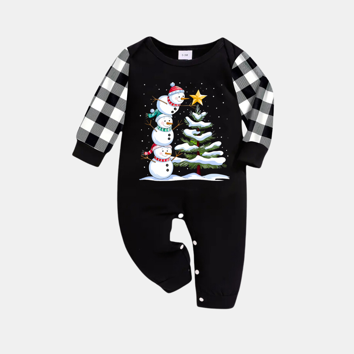 WW | Schwarz-weiß kariertes Weihnachts-Pyjama-Set mit Schneemann- und Weihnachtsbaumdruck