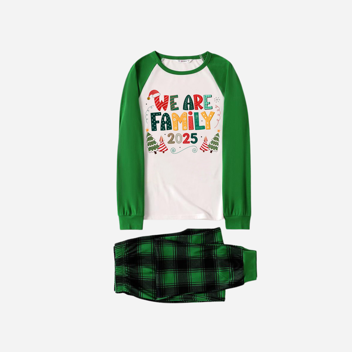 WW | Green Raglan Top Green Plaid Christmas Pyjama Set with "We Are Family" Colourful Text Print