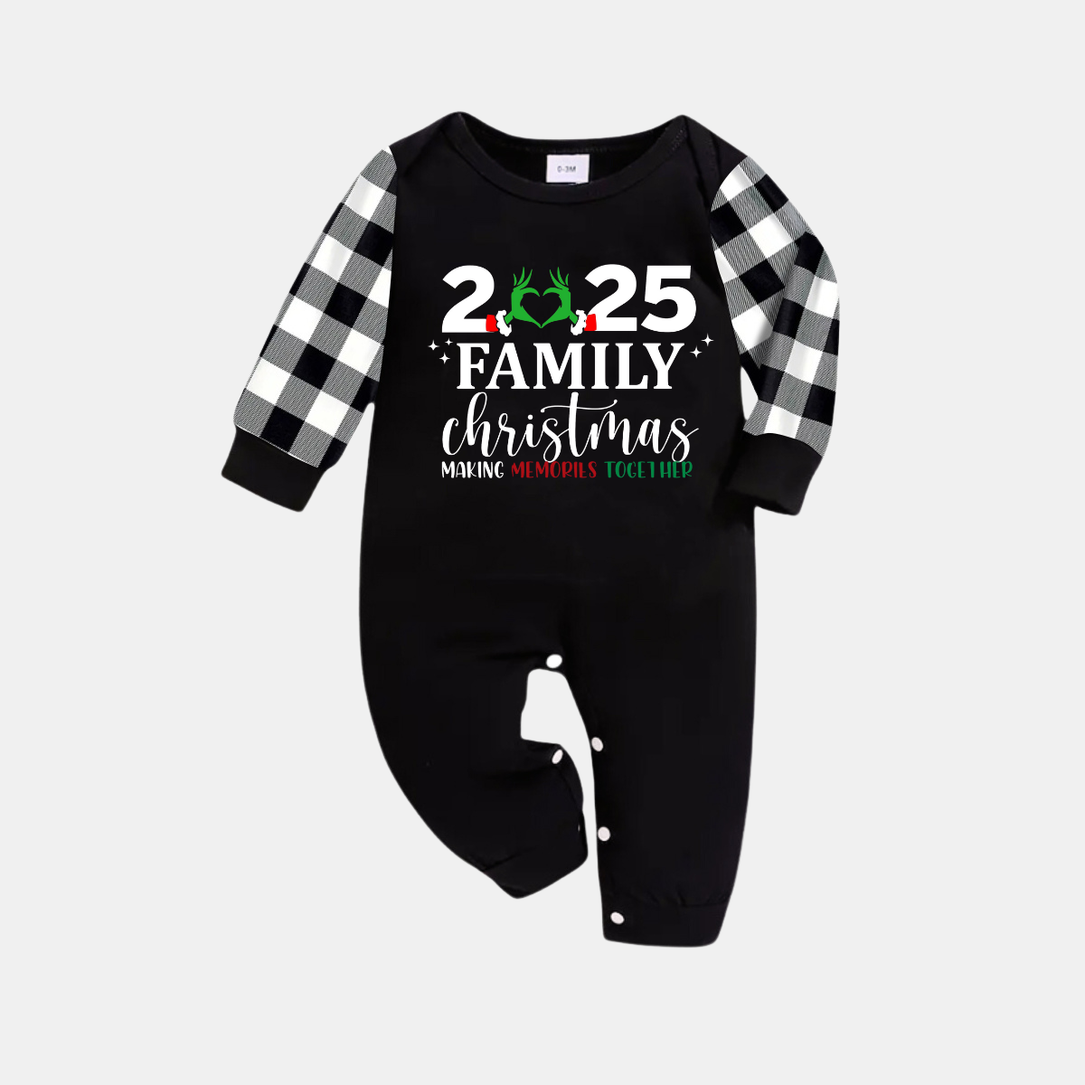 WW | "2025 Family Christmas" Fancy Heart Letter Print Black Long Sleeve Top with Black and White Plaid Pants Family Matching Pajamas