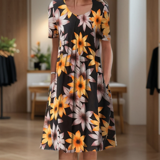 Wide dress with a round neckline, three-quarter sleeves, and a printed design