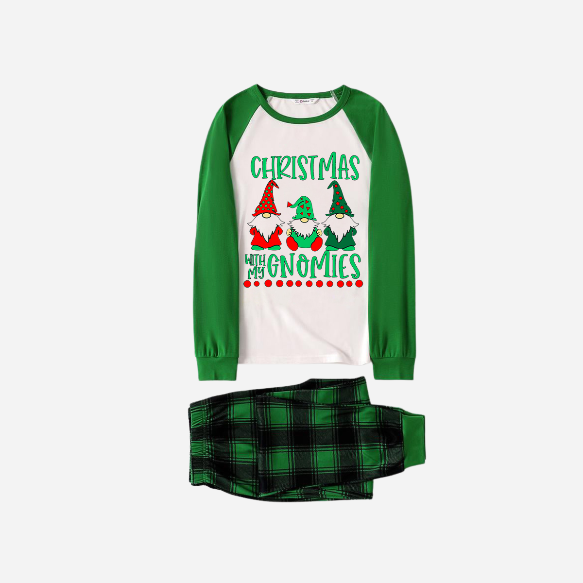 WW | Green Raglan Top Green Plaid "Christmas With My Gnomies" Text Print Christmas Pajama Set