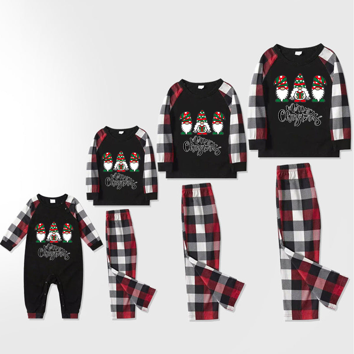 WW | Merry Christmas Sweet Gnome Print Casual Long Sleeve Sweatshirts Contrast Tops and Red & Black & White Plaid Pants Family Matching Pajama Set with Dog Bandana