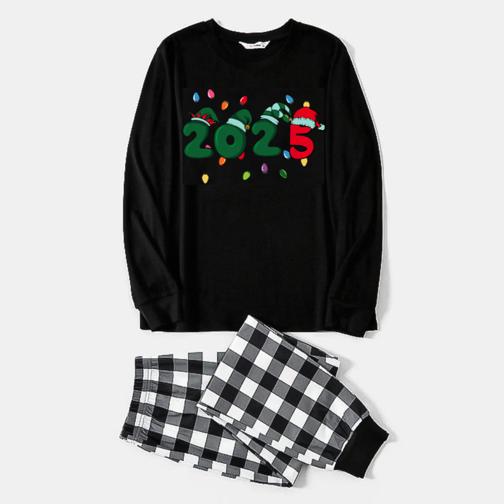WW | Christmas "2025" Letter Print Black Long Sleeve Top with Black and White Checkered Pants Family Matching Pajamas