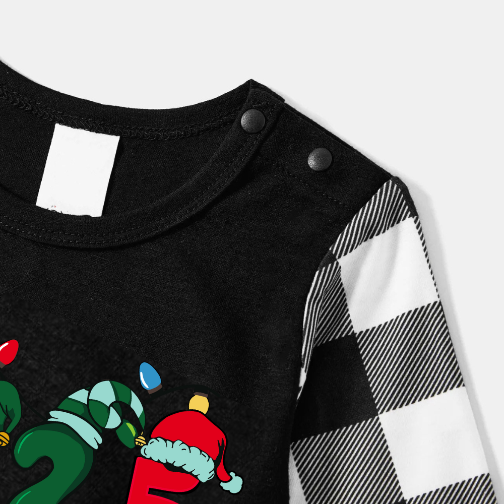 WW | Christmas "2025" Letter Print Black Long Sleeve Top with Black and White Checkered Pants Family Matching Pajamas