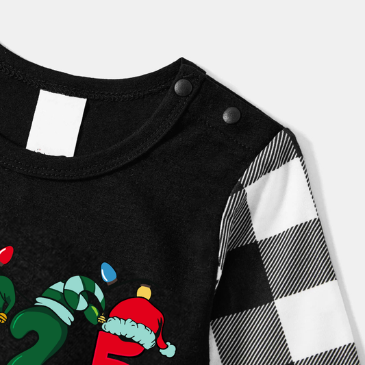 WW | Christmas "2025" Letter Print Black Long Sleeve Top with Black and White Checkered Pants Family Matching Pajamas