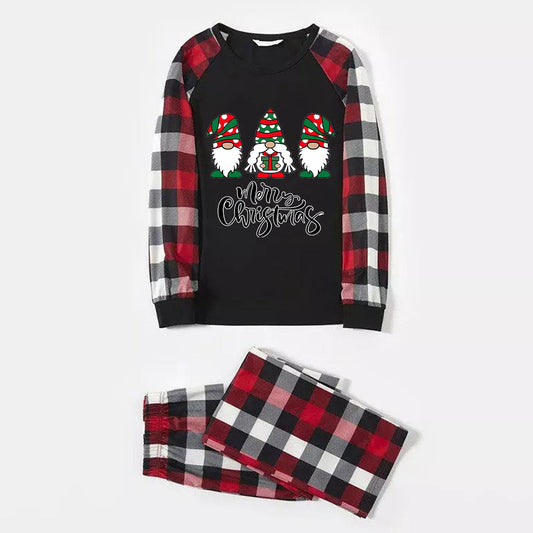 WW | Merry Christmas Sweet Gnome Print Casual Long Sleeve Sweatshirts Contrast Tops and Red & Black & White Plaid Pants Family Matching Pajama Set with Dog Bandana