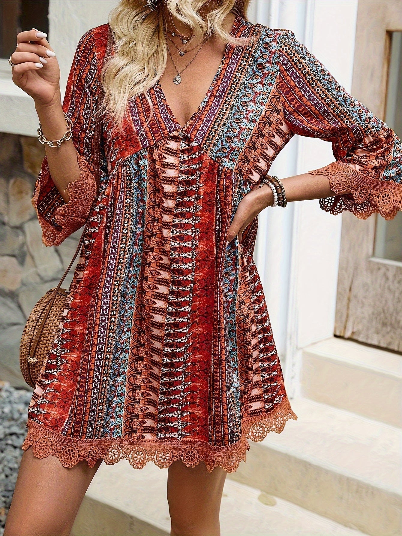 Sofie - V-Neck Dress with Lace Trim