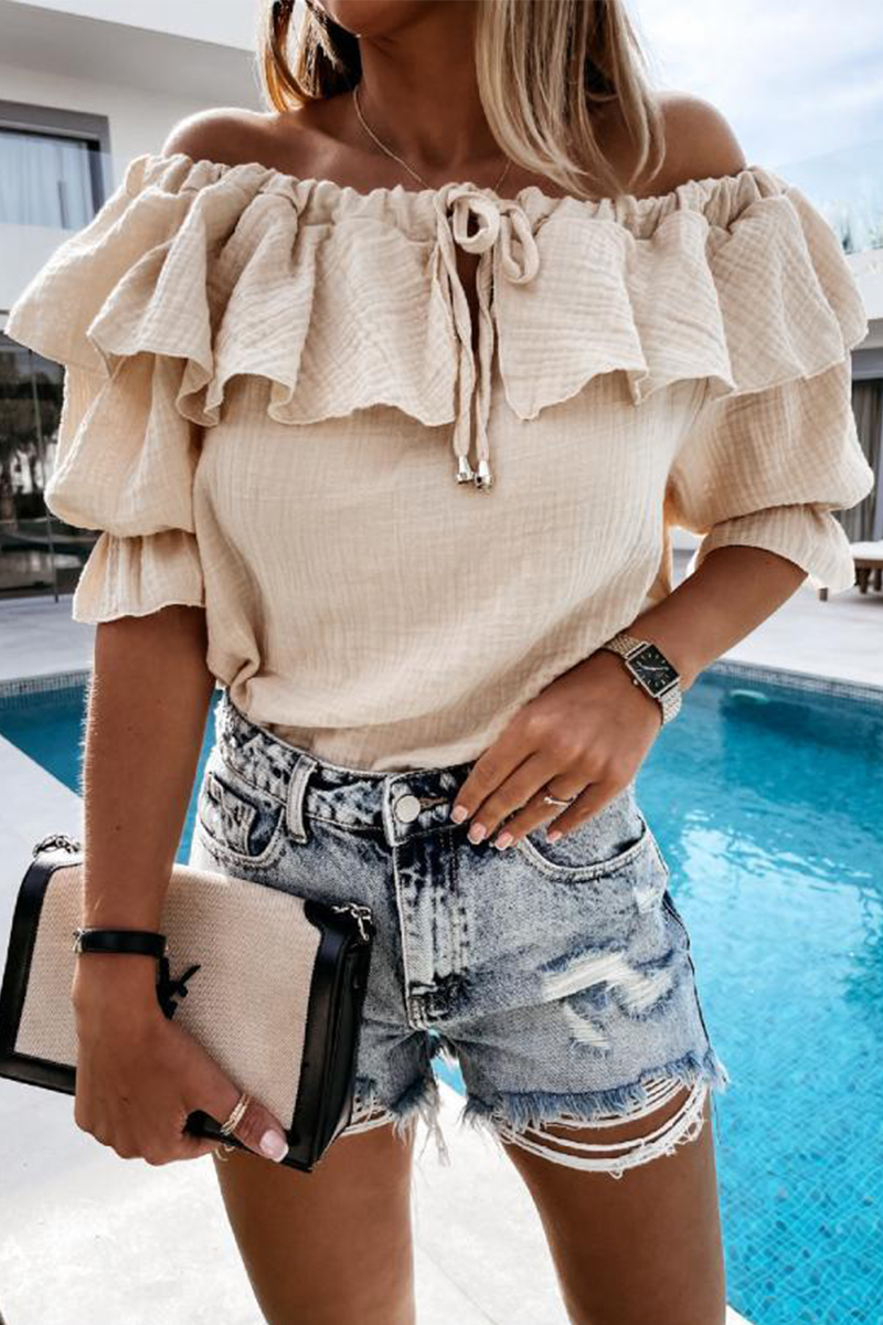 WW | Casual Street Solid Frenulum Flounce Off The Shoulder Blouses