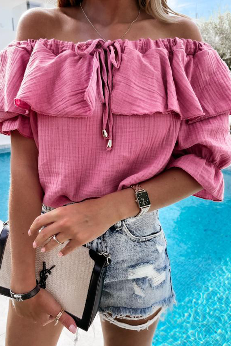 WW | Casual Street Solid Frenulum Flounce Off The Shoulder Blouses